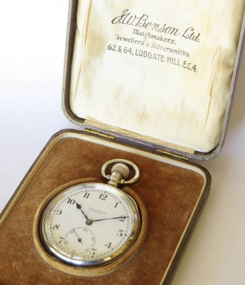 fig 1. An antique open-face sterling silver pocket watch featuring a white enamel dial with black Arabic numerals and a subsidiary seconds dial.