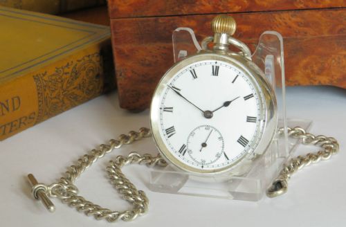 Antique 1908 silver pocket watch and chain