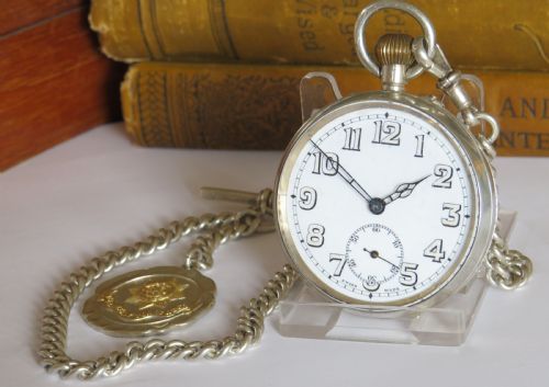 Antique Silver Pocket Watch, Chain & Military Fob