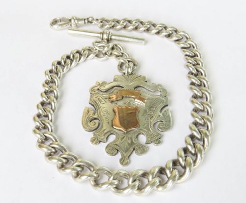 Heavy Antique Silver Pocket Watch Chain & Large Fob