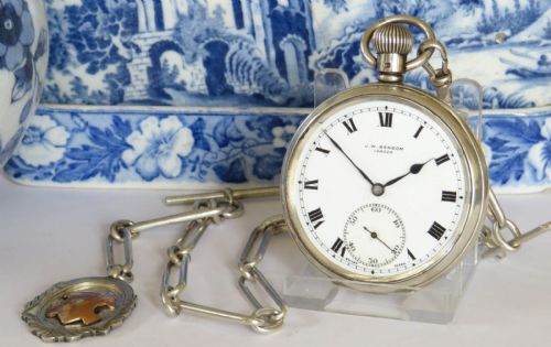 1930s Silver J W Benson Pocket Watch and Chain