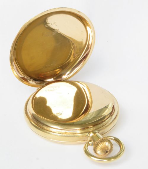 fig 2. An open vintage gold-plated full hunter pocket watch displaying a white enamel dial with black Arabic numerals and a subsidiary seconds dial.
