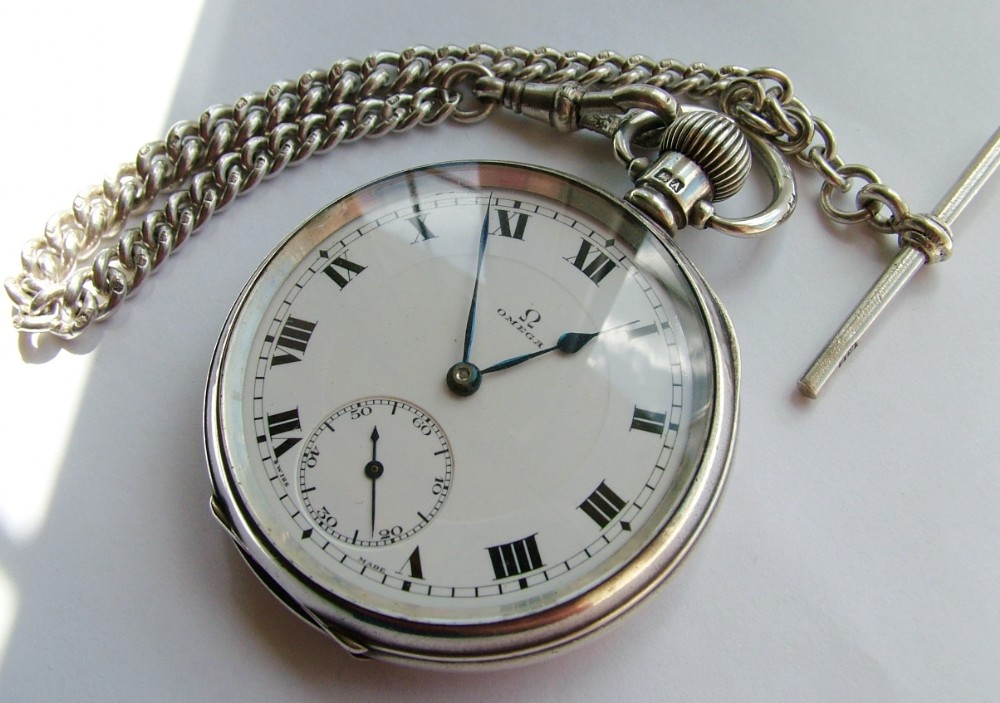 Antique 1920s silver Omega pocket watch & chain