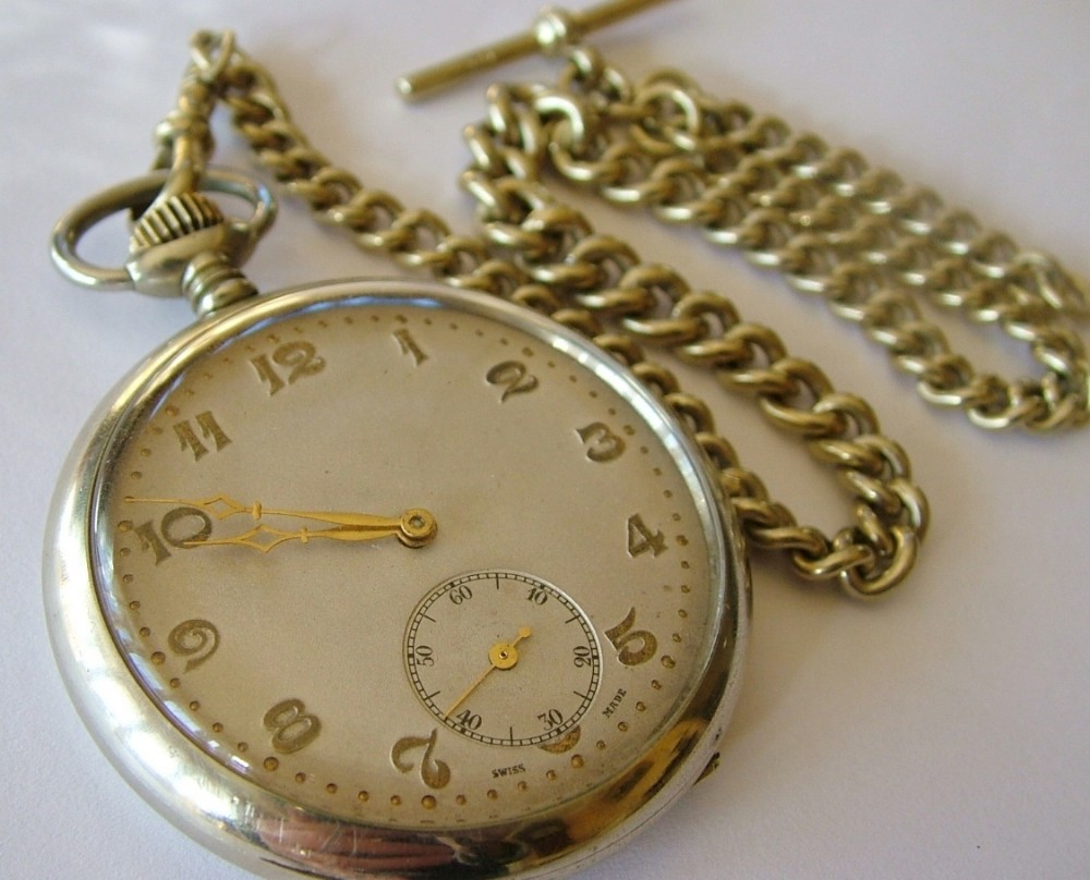 1930s Swiss stem-winding pocket watch & chain
