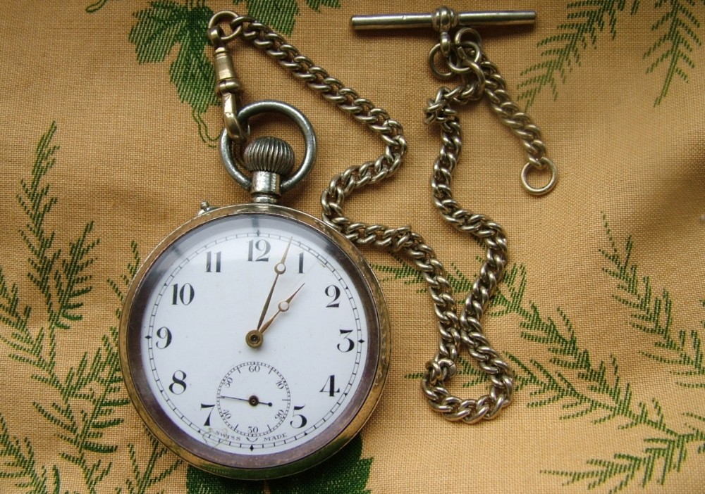 1920s nickel pocket watch and albert