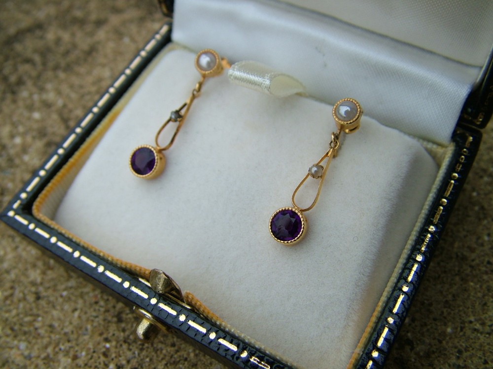Antique 9ct gold pearl and amethyst earrings