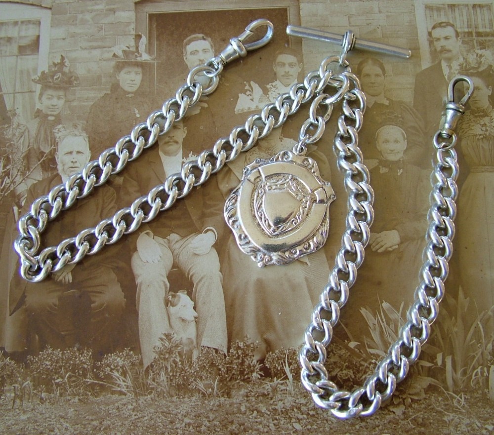 Victorian silver double watch chain & later fob