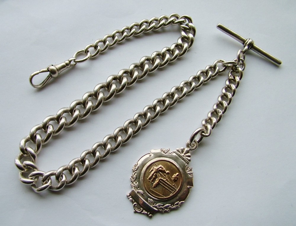 Antique silver pocket watch chain & snooker fob