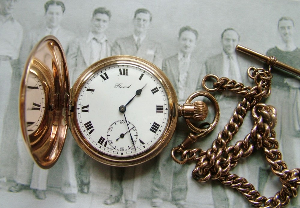 1920s Record full hunter pocket watch with chain