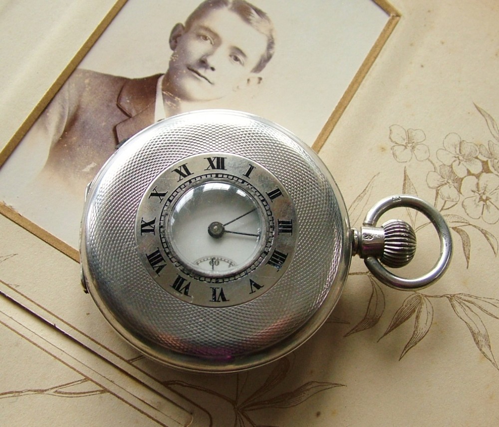 Antique silver half hunter pocket watch, 1919