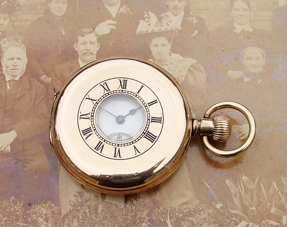 Antique Waltham Traveler half hunter pocket watch, originaly retailed by Schierwater & Lloyd Liverpool
