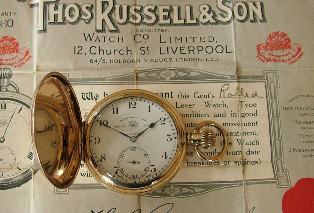 1924 Thomas Russell & Son full hunter pocket watch with original guarantee