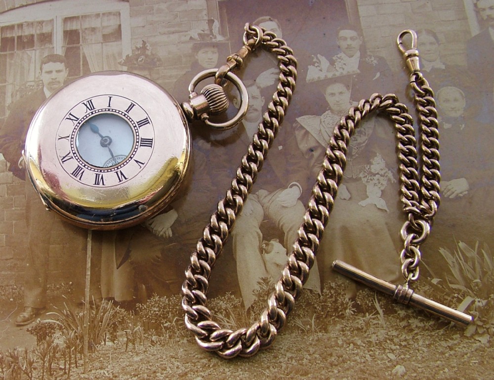 Antique Waltham Traveler half hunter pocket watch and albert