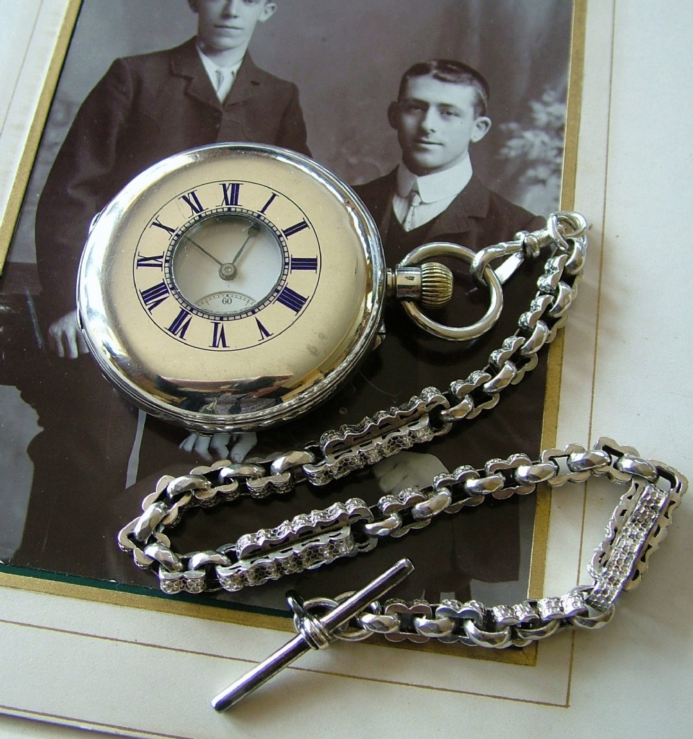 Antique silver half hunter pocket watch and chain