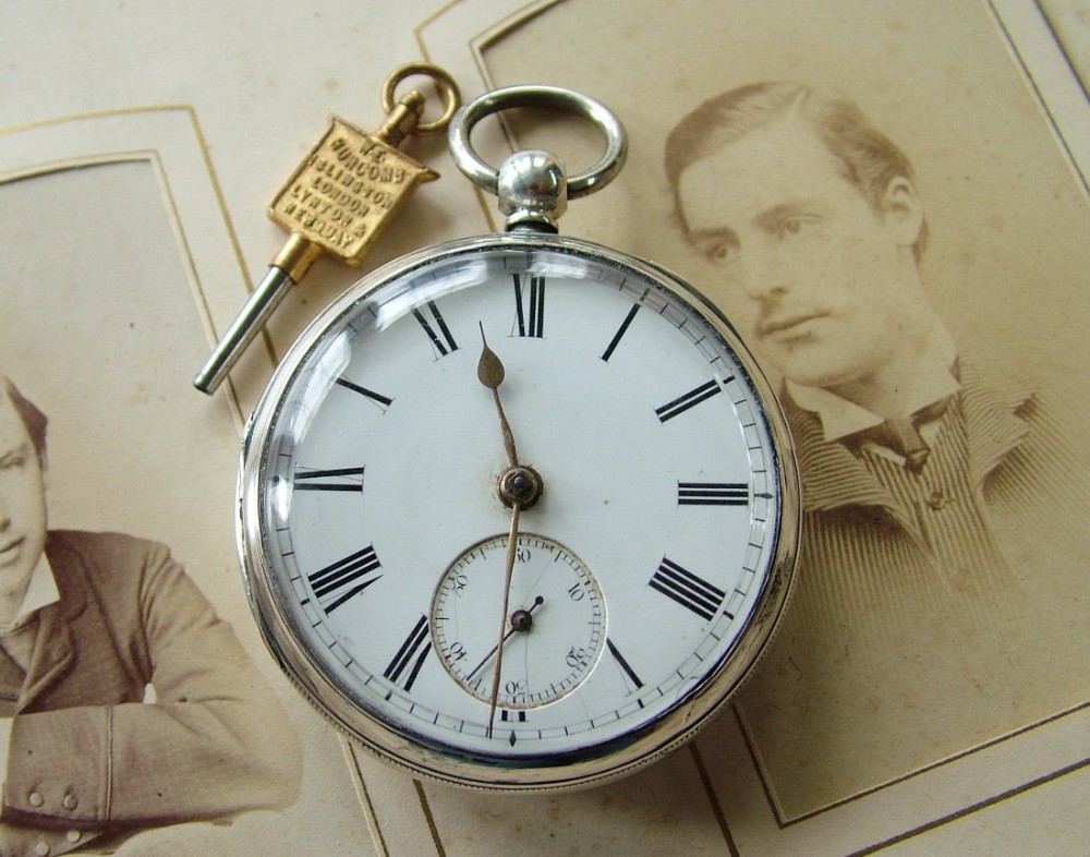 Antique silver fusee pocket watch, 1881