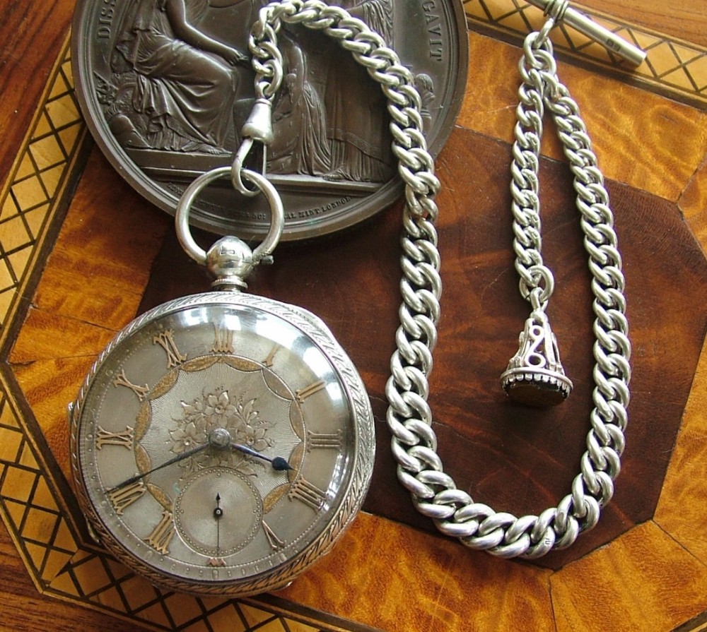 Antique silver fusee pocket watch and chain