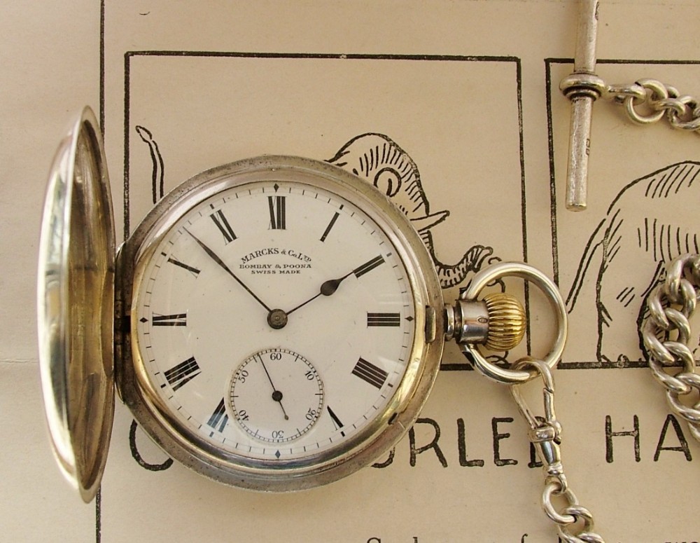 1908 silver Longines campaign hunter pocket watch & chain. 