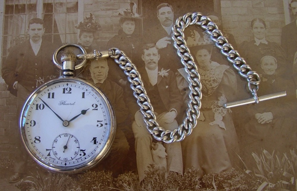 1927 silver Record pocket watch and silver albert.