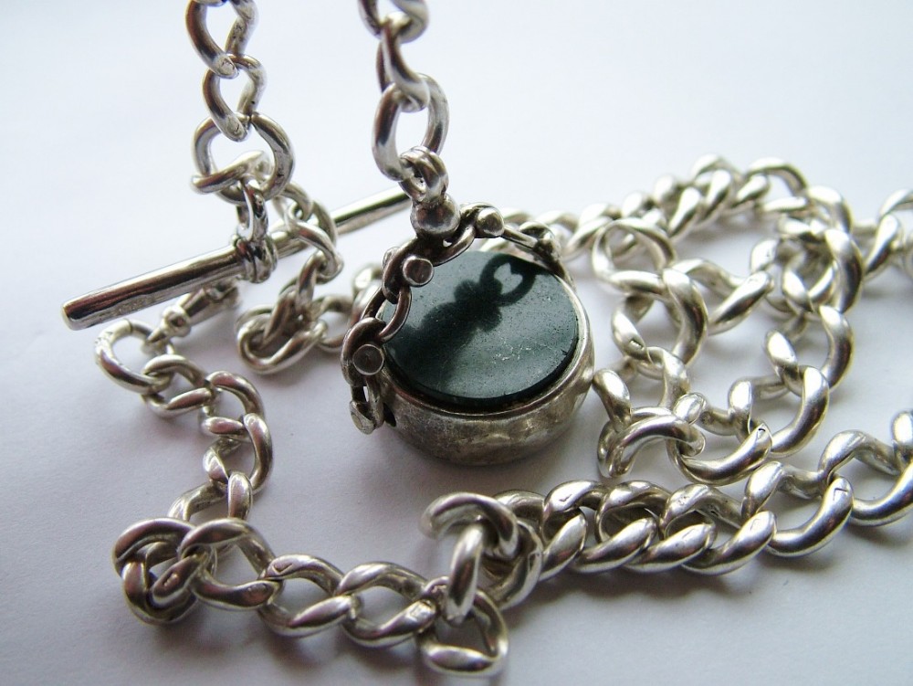 Antique silver pocket watch chain and swivel fob