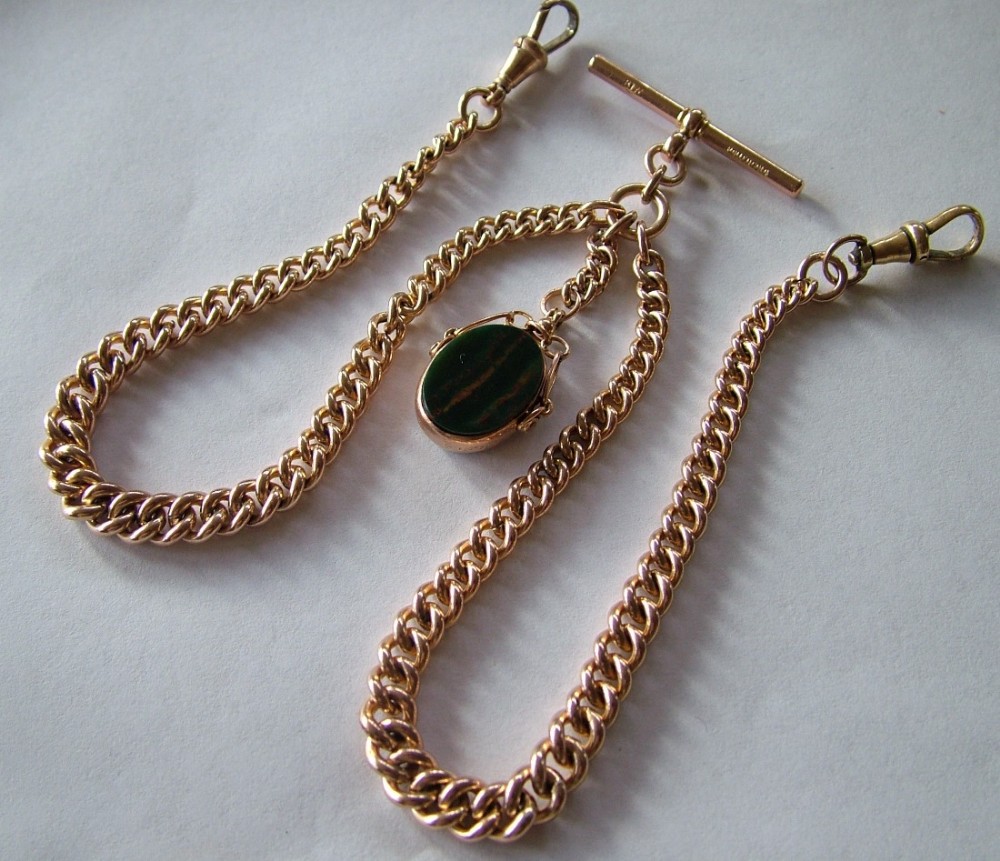 Rose gold plated double watch chain & 9ct gold fob