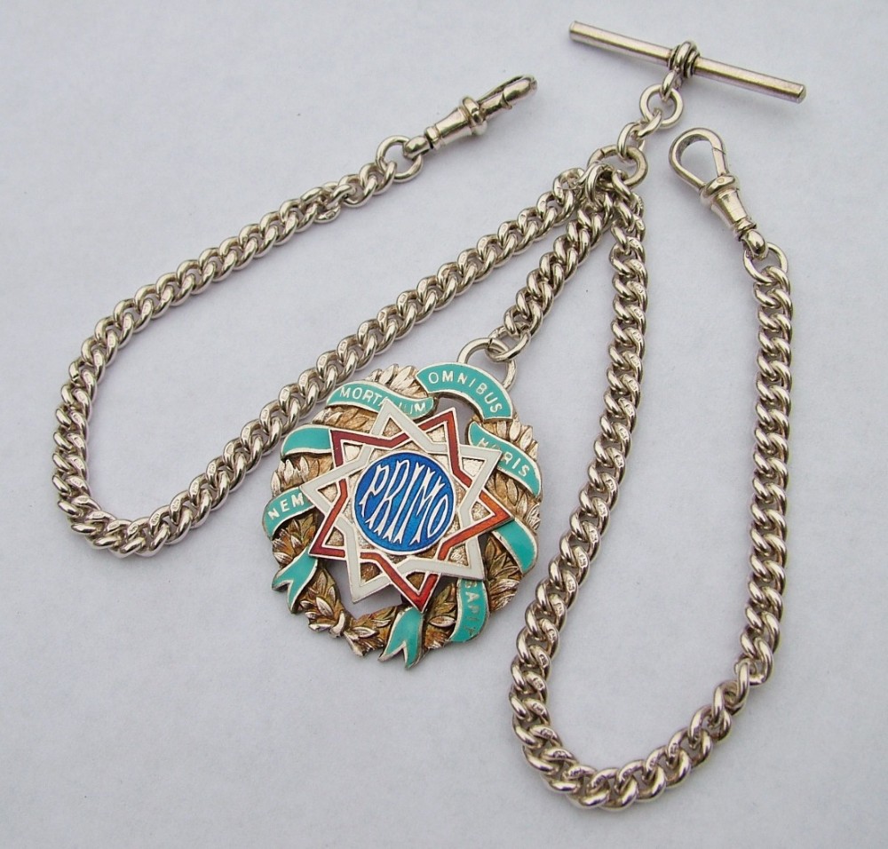 Antique silver double watch chain with later fob