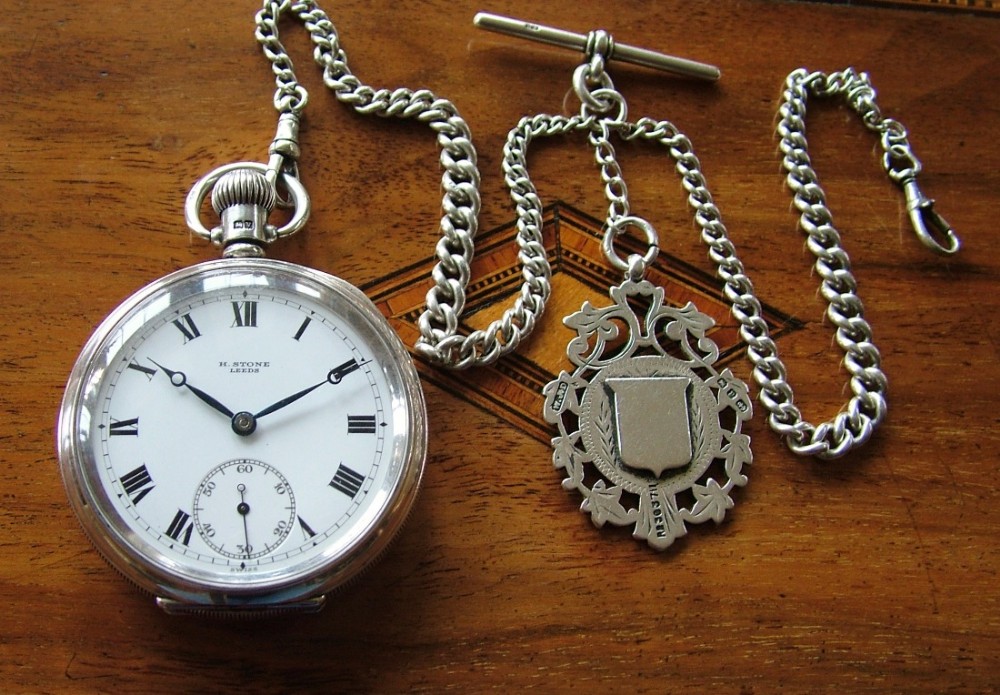 Silver pocket watch and chain, Harris Stone, Leeds