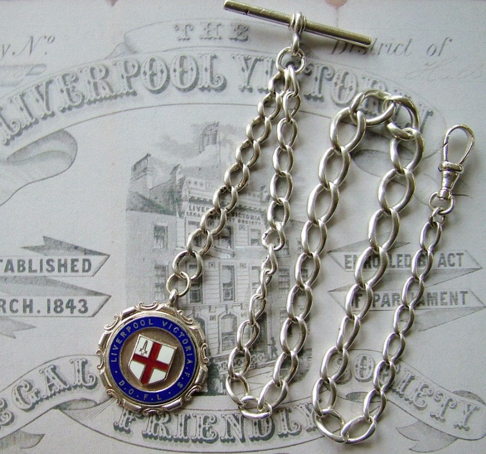 1930s silver single watch chain, Liverpool Vic fob