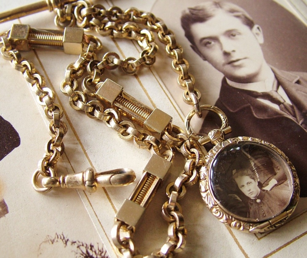 Edwardian gold plated watch chain with photo fob