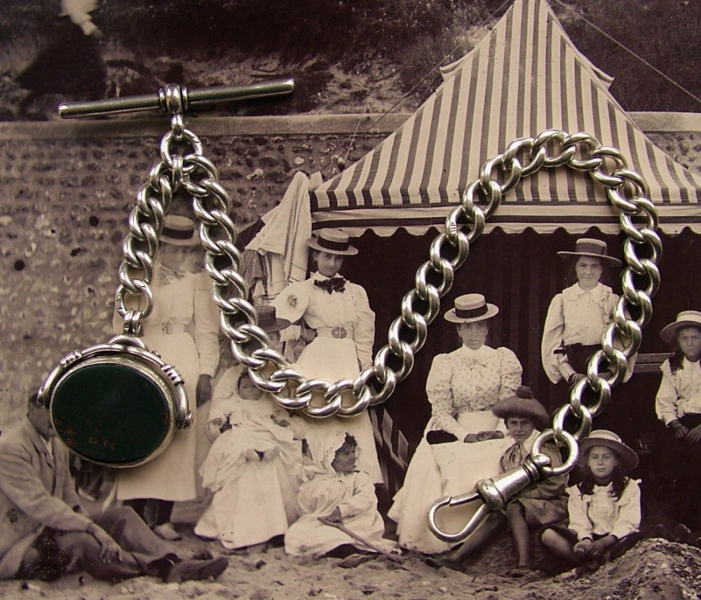Antique silver pocket watch chain and swivel fob