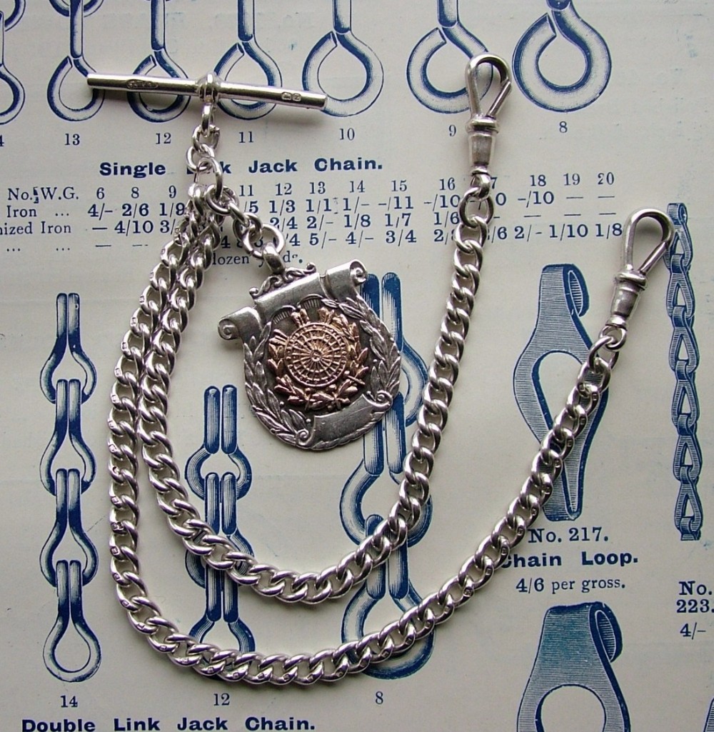 1920s silver double pocket watch chain and darts fob