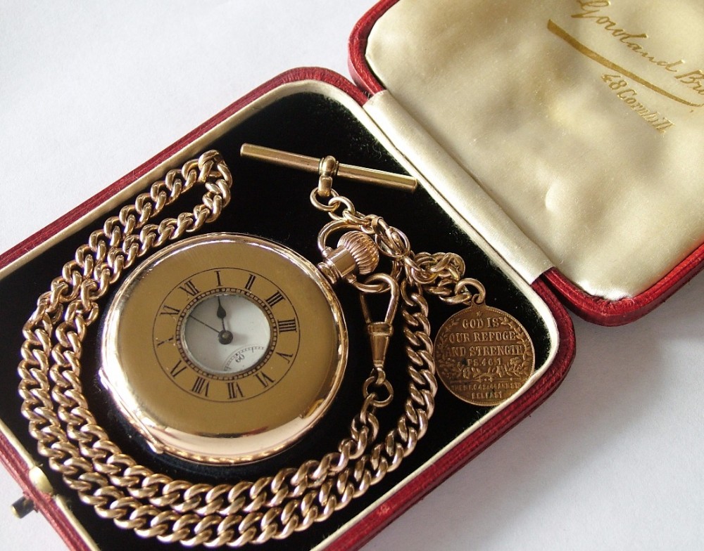 Antique half hunter pocket watch, albert and box