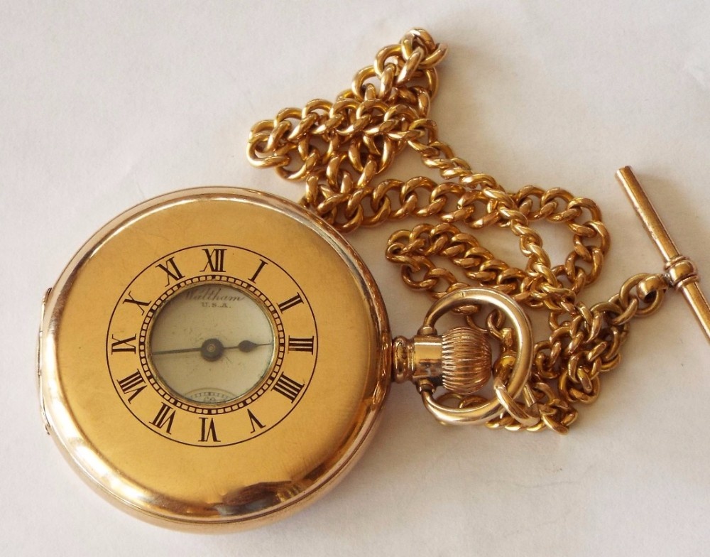 Antique Waltham Traveler half hunter watch & chain