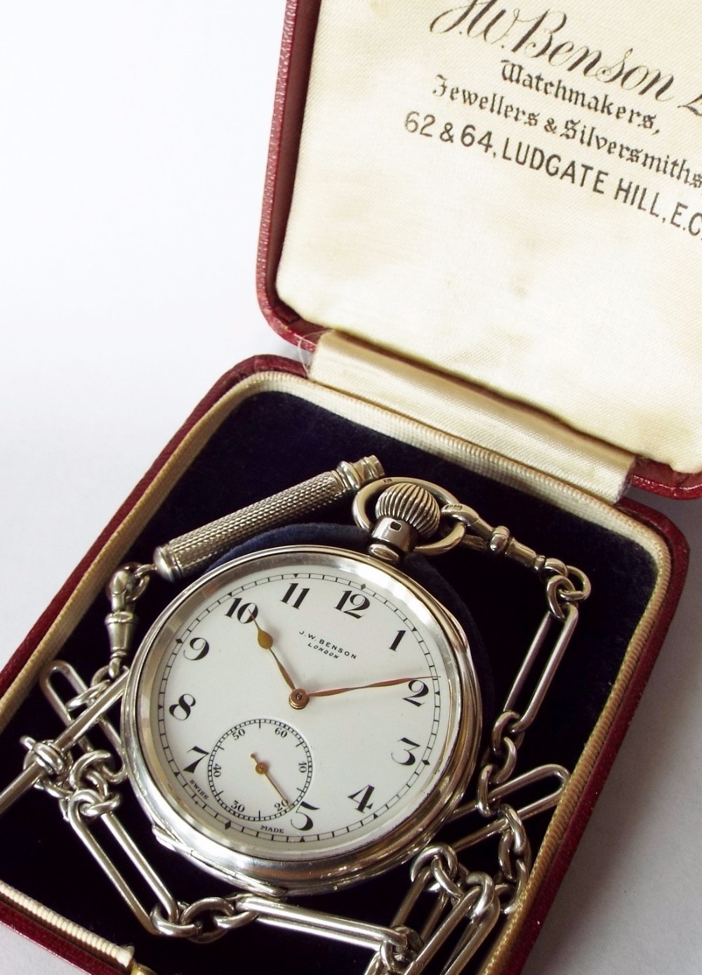 1930s silver Benson pocket watch & accoutrements