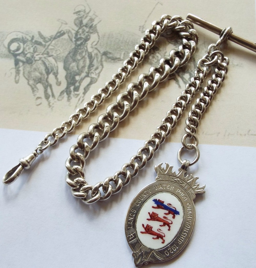 Antique silver watch chain & Lancs water polo fob