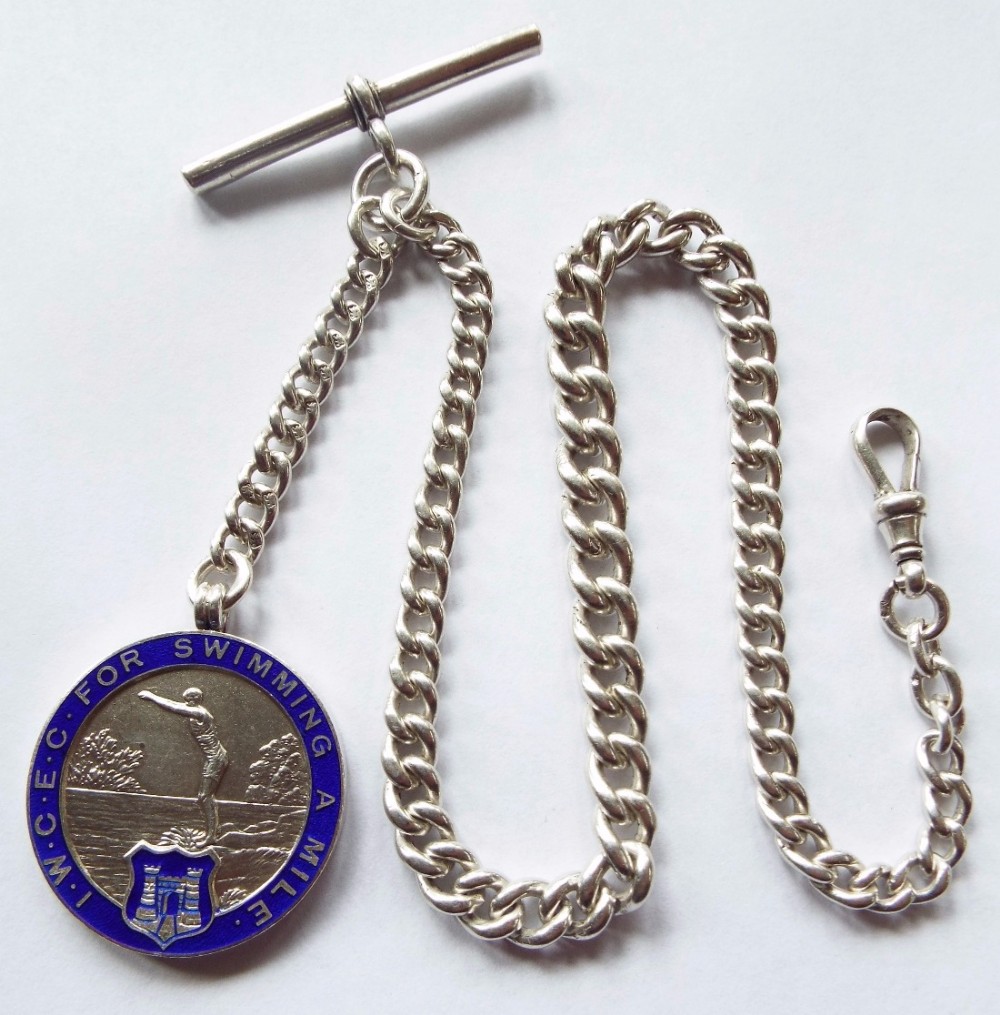 Victorian English solid silver watch chain and fob