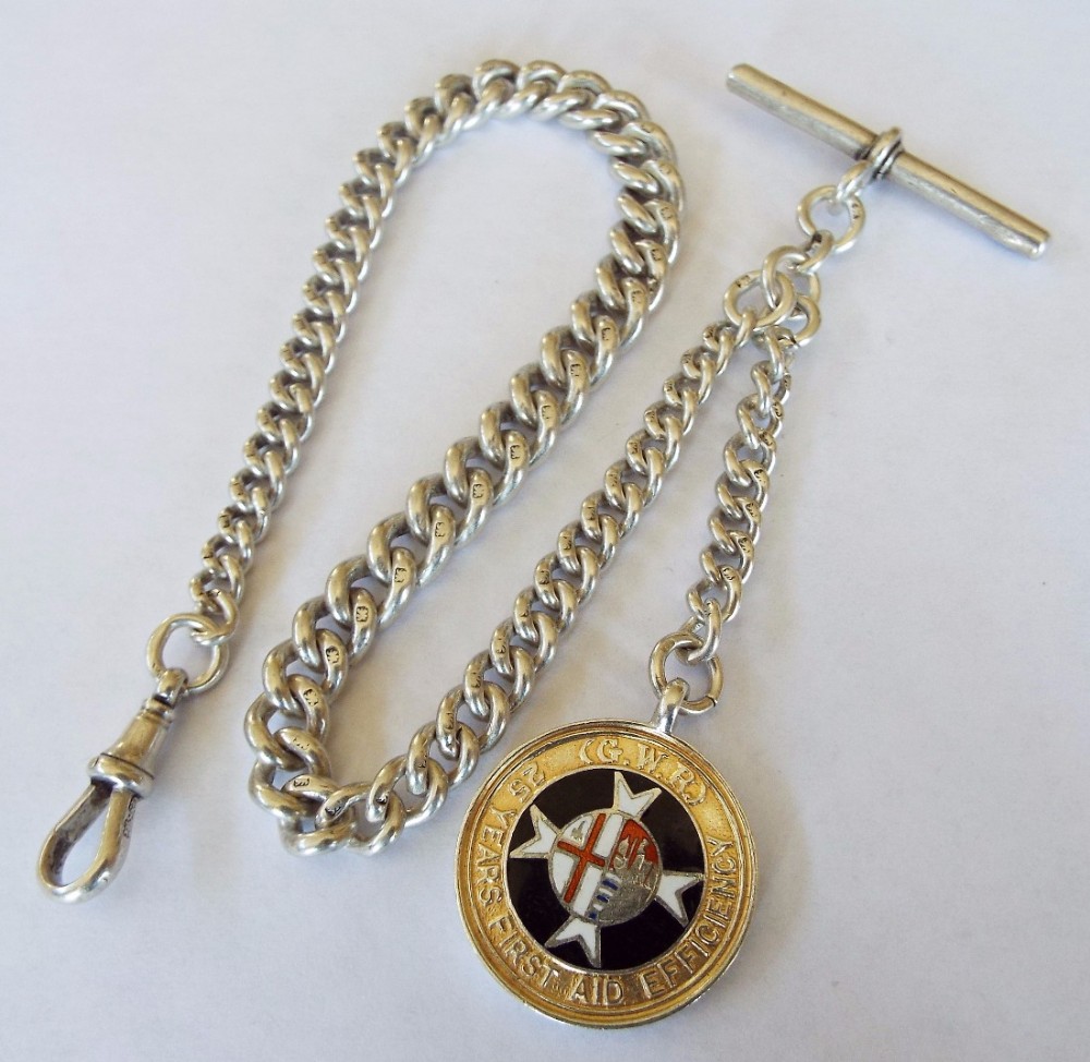 Victorian silver watch chain & silver GWR fob