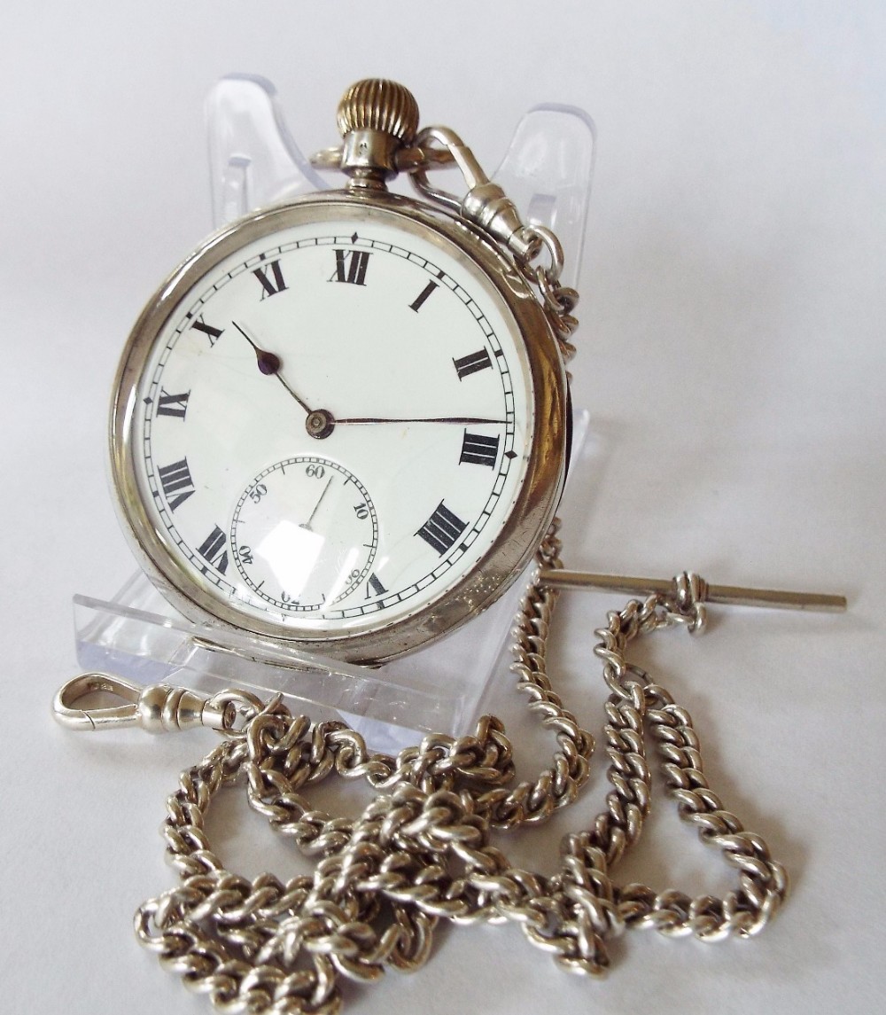 Antique 1919 silver Selezi pocket watch & chain