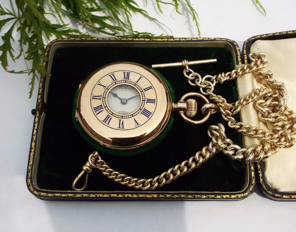 Antique Waltham half hunter pocket watch, chain and box