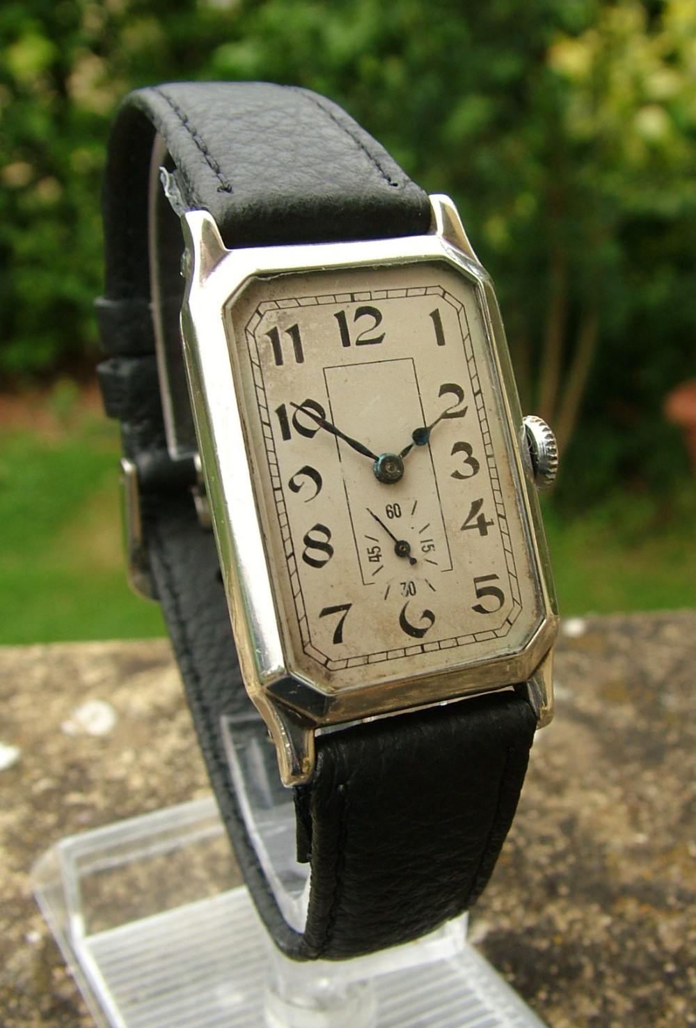 A 1934 silver Art Deco wrist watch originally retailed by J W Benson of London.
