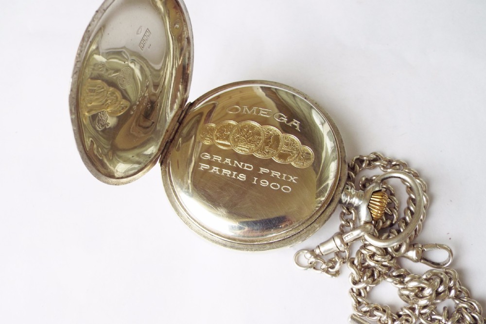 Antique silver Omega pocket watch & double albert View V
