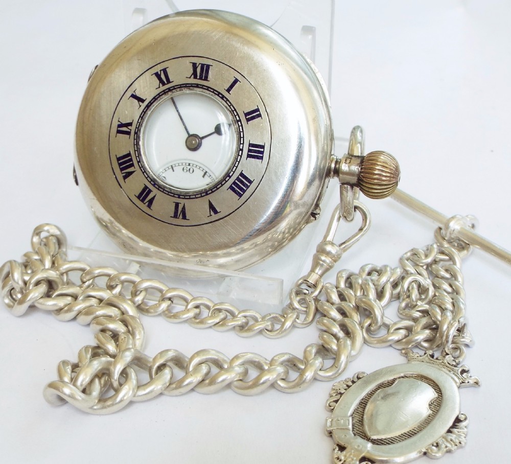 1924 English silver hunter pocket watch & chain