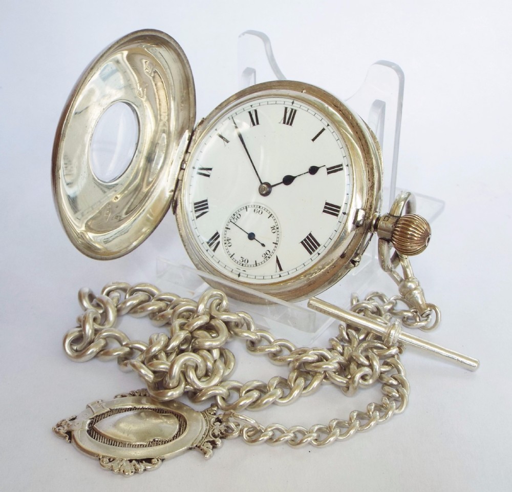 1924 English silver hunter pocket watch & chain View II