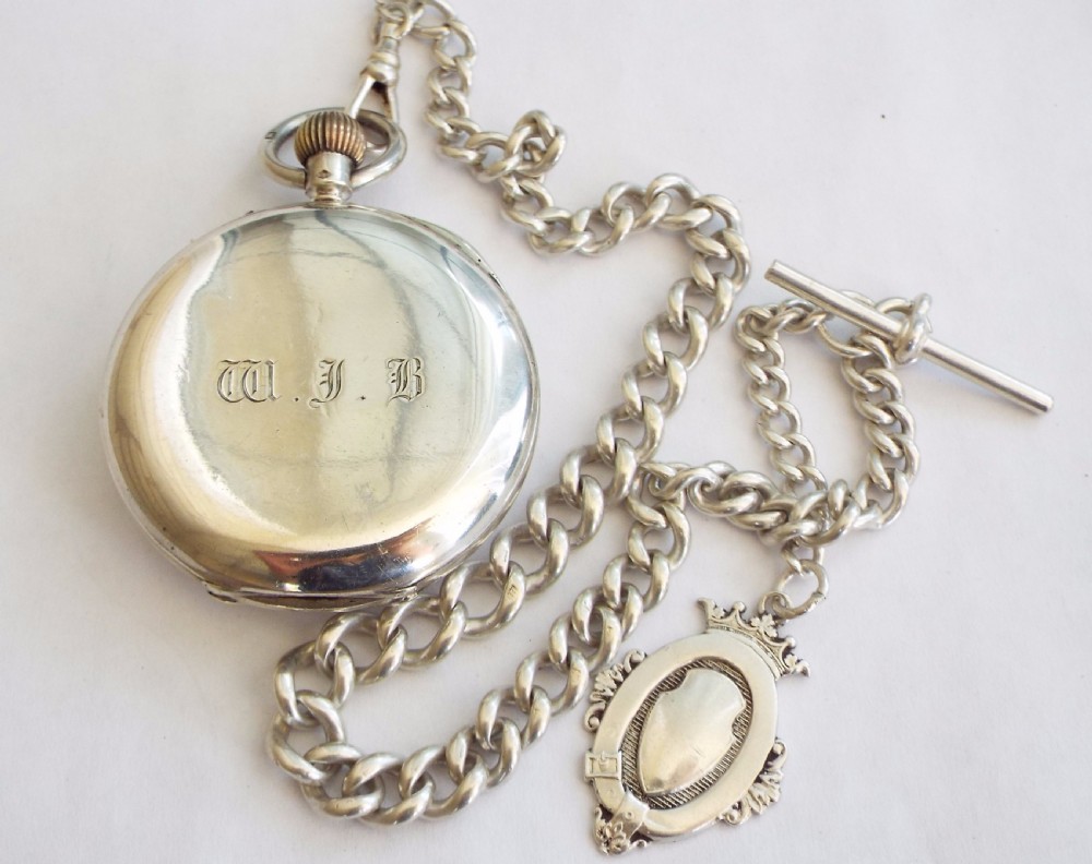 1924 English silver hunter pocket watch & chain View III