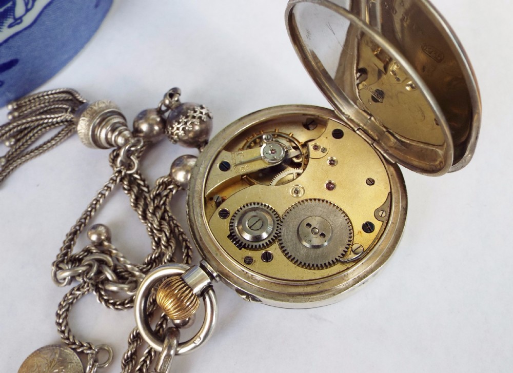 Small antique Swiss silver pocket watch and albertina View III