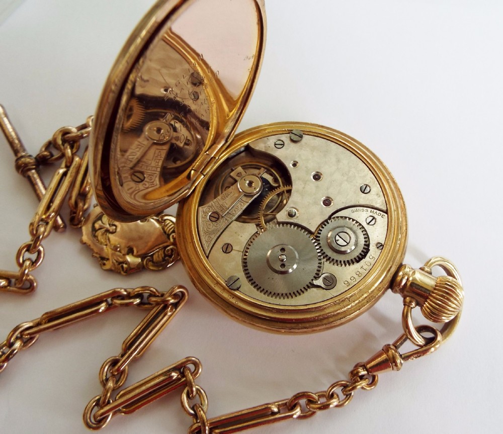 Swiss full hunter pocket watch and chain, circa 1910s View III