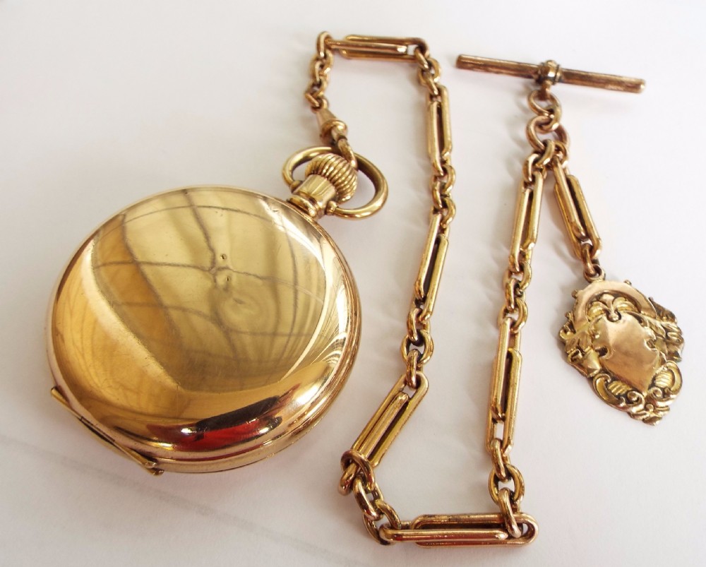 Swiss full hunter pocket watch and chain, circa 1910s View V