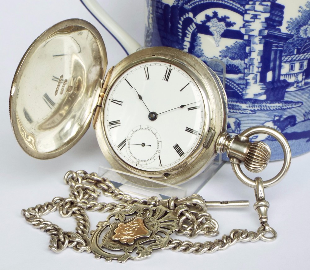 1880 Waltham full hunter silver pocket watch & chain