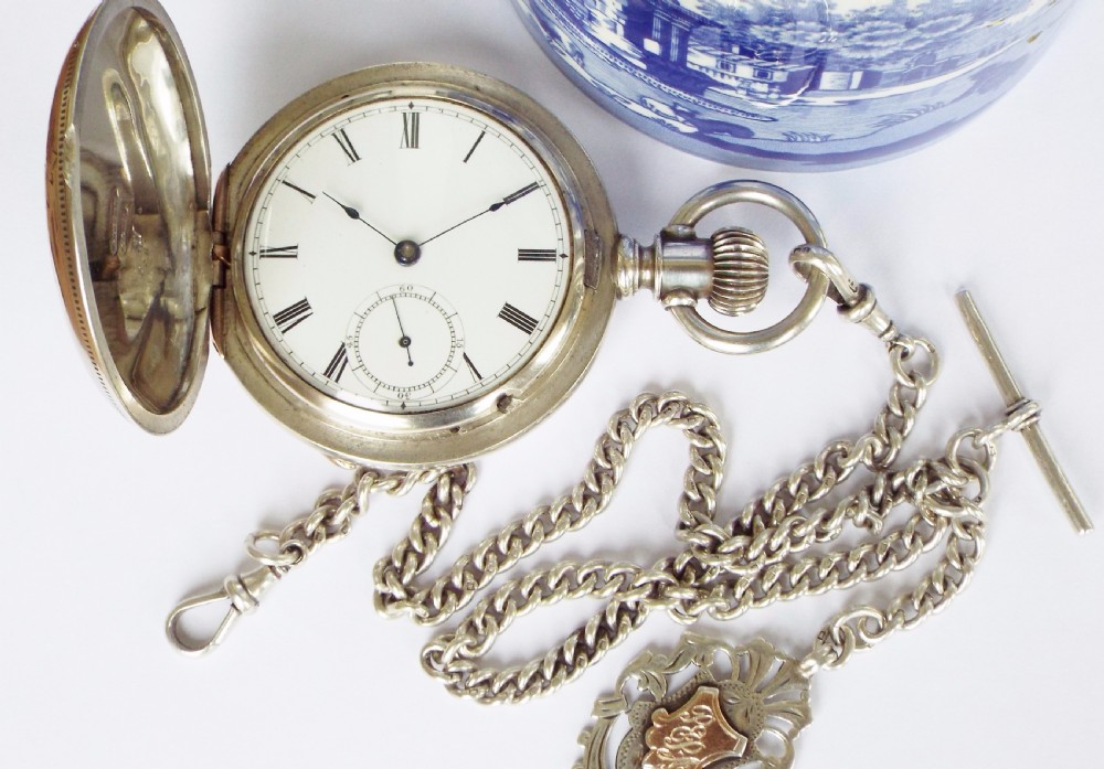 1880 Waltham full hunter silver pocket watch & chain View II