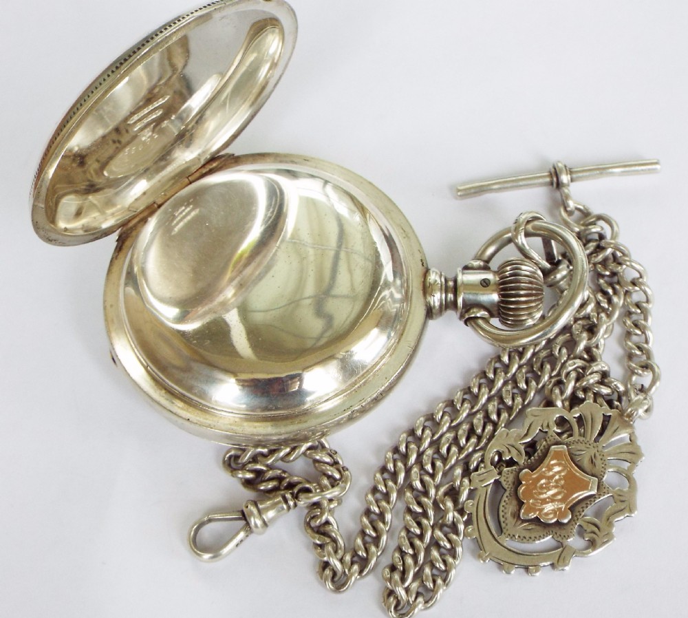 1880 Waltham full hunter silver pocket watch & chain View V