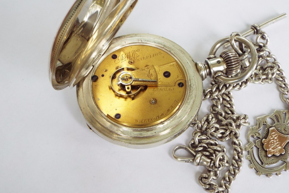 1880 Waltham full hunter silver pocket watch & chain View VI